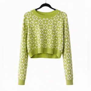 Hollister Green & White Floral Crewneck Cropped Sweater Small